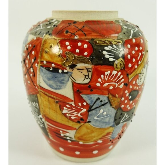 Vintage Satsuma-Style Art Vase Pottery Moriage Japanese Warrior Samurai Crazing - Picture 6 of 14